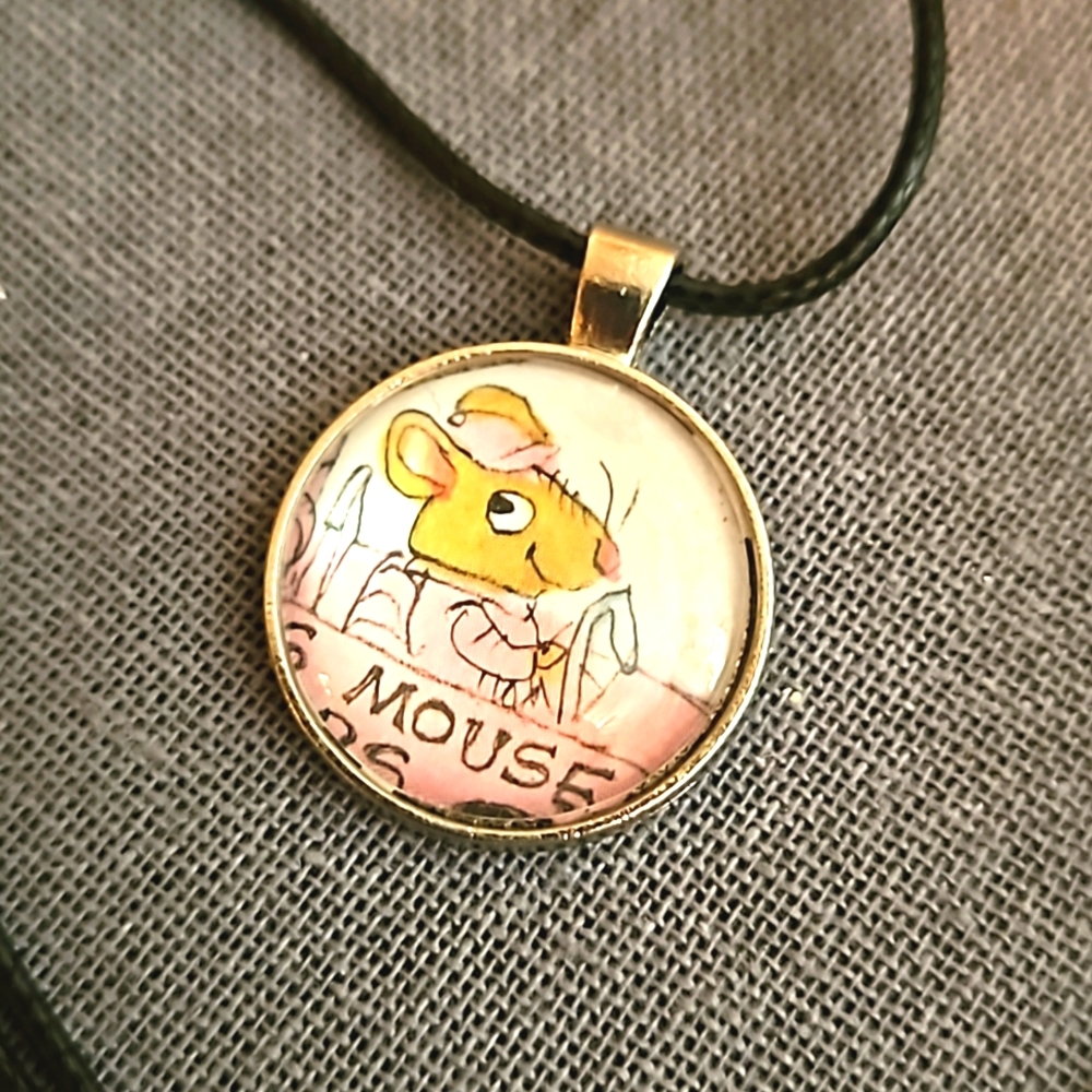 Mouse driver 1970s children's book page necklace Richard Scarry ooak vintage